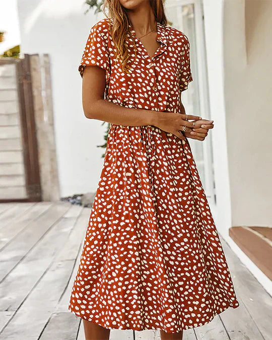 Robe Midi Femme Genevieve – Imprimé à Pois avec Taille Cintrée pour Événements Décontractés et de Journée