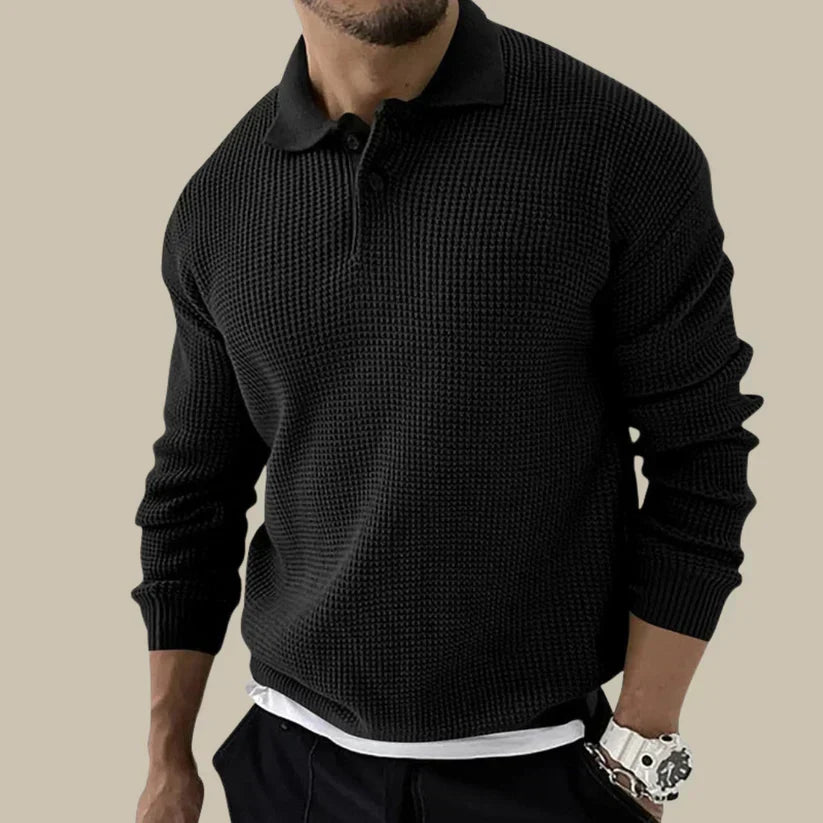 Carlo Men's Sweater – Elegant Knit Polo with Buttoned Collar & Modern Ribbed Pattern