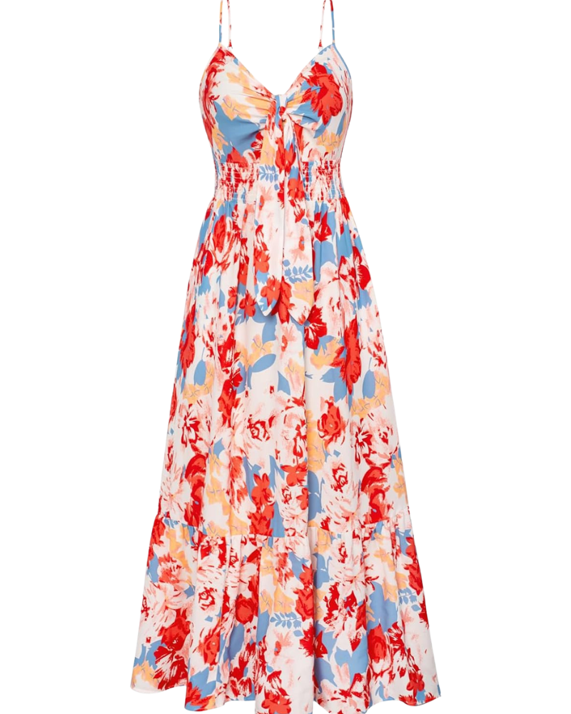 Darla Women's Maxi Floral Dress – Thin Straps, V-Neck, Bohemian Tied Waist Summer