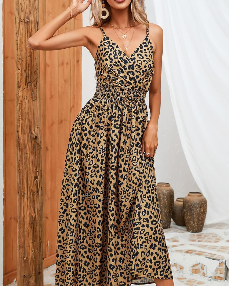 Carmie Women's Leopard Maxi Dress – Straps, Open Back, V-Neck, A-Line Cut Summer