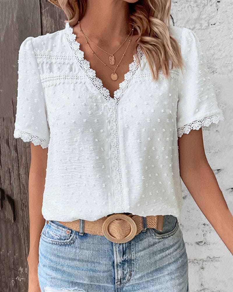 Sophie Blouse Coton Femme – Blouse Vintage avec Dentelle & Manches Bouffantes Élégantes