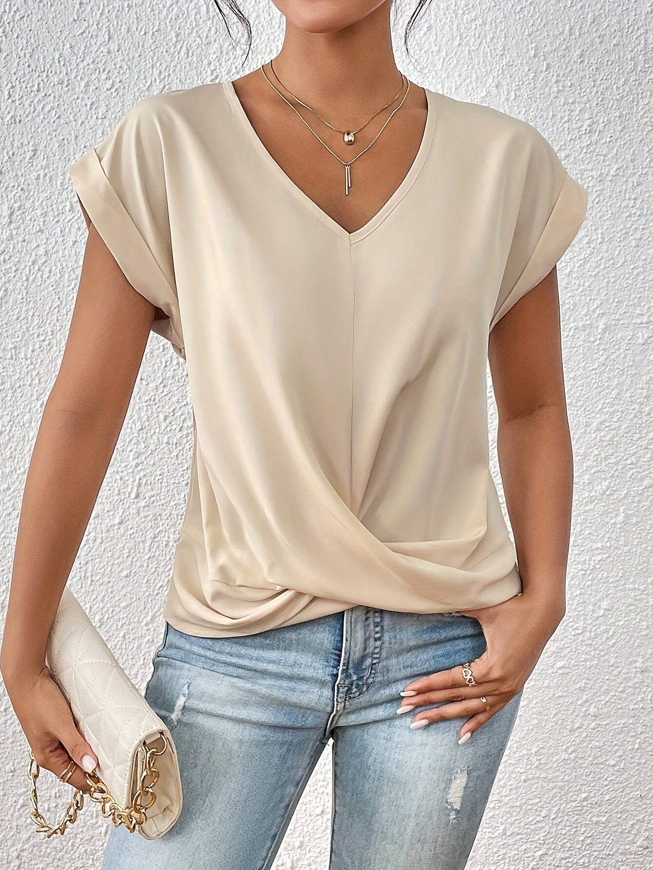 Yasmine Women's Top – V-Neck with Knot Detail, Elegant Draping & Comfortable Fit