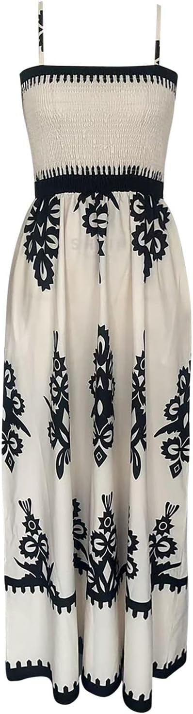 Amélie Women's Dress – Bohemian Maxi Smocked Dress with Square Neckline and Sleeveless Design for Summer