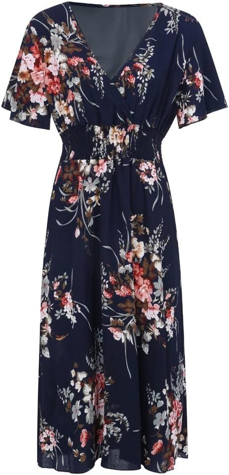 Elise Women's Dress – Midi Floral V-Neck A-Line Linen Cotton Flowing Elegant Summer Dress