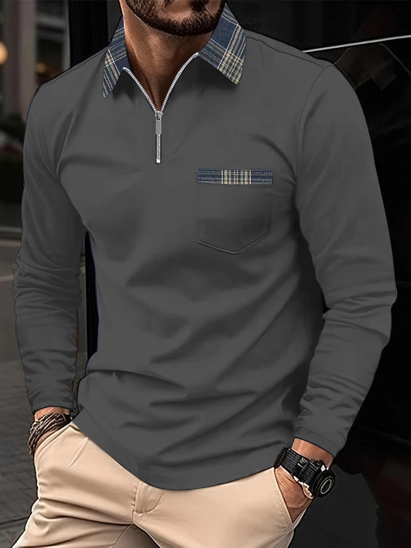 Frank Long Sleeve Polo – Zip Collar & Check Pattern, Elegance and Comfort for Men