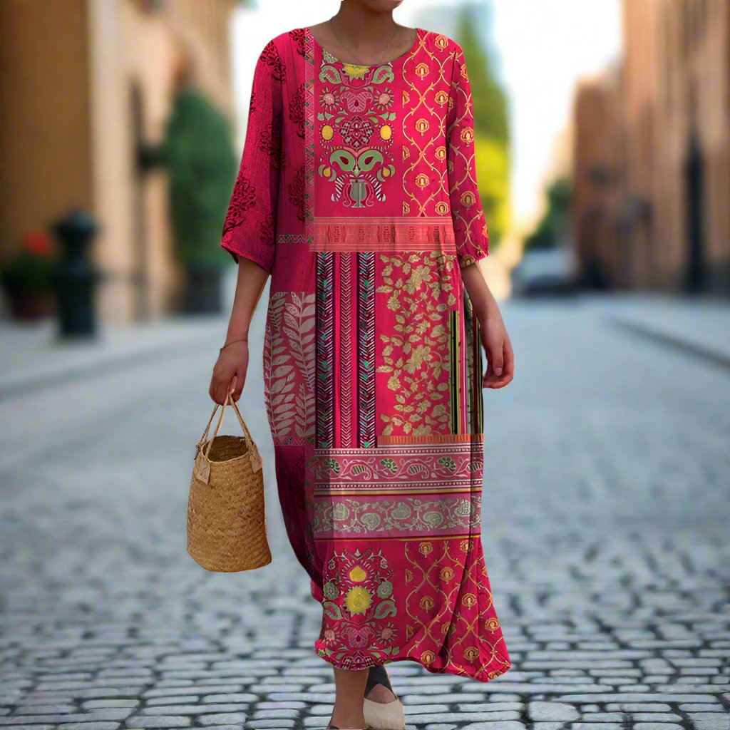 Daniella Maxi Dress for Women – Red Ethnic Bohemian Print, Airy & Fluid Cotton