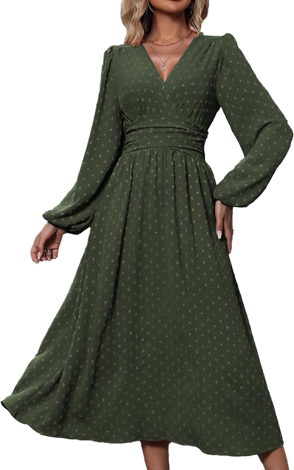 Tierra Women's Polka Dot Dress – A-Line Cut, V-Neck, Elegant High-Waisted Pleats