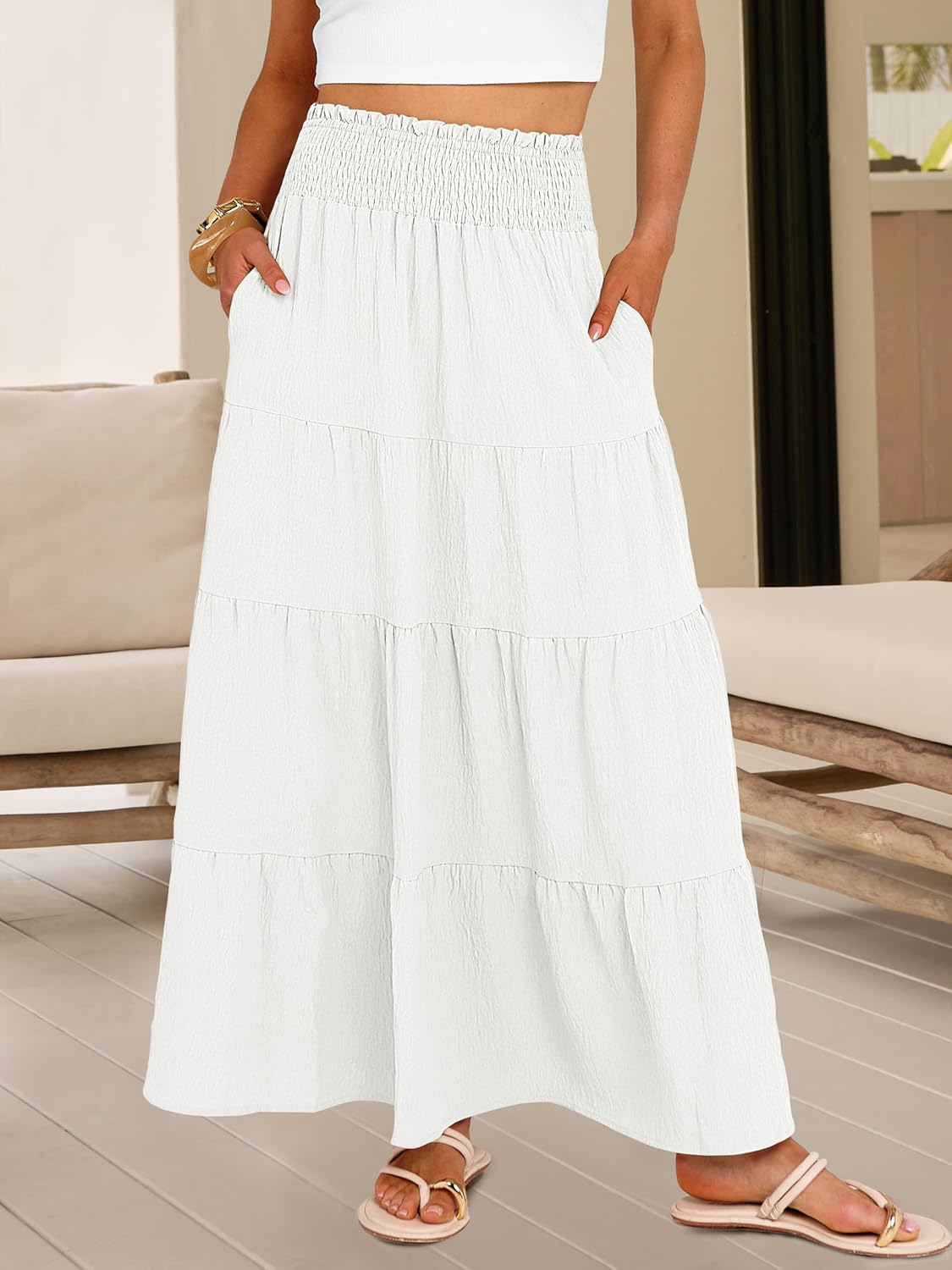 Juna Maxi Skirt for Women – Bohemian High-Waisted Smocked & Ruffled Summer Skirt