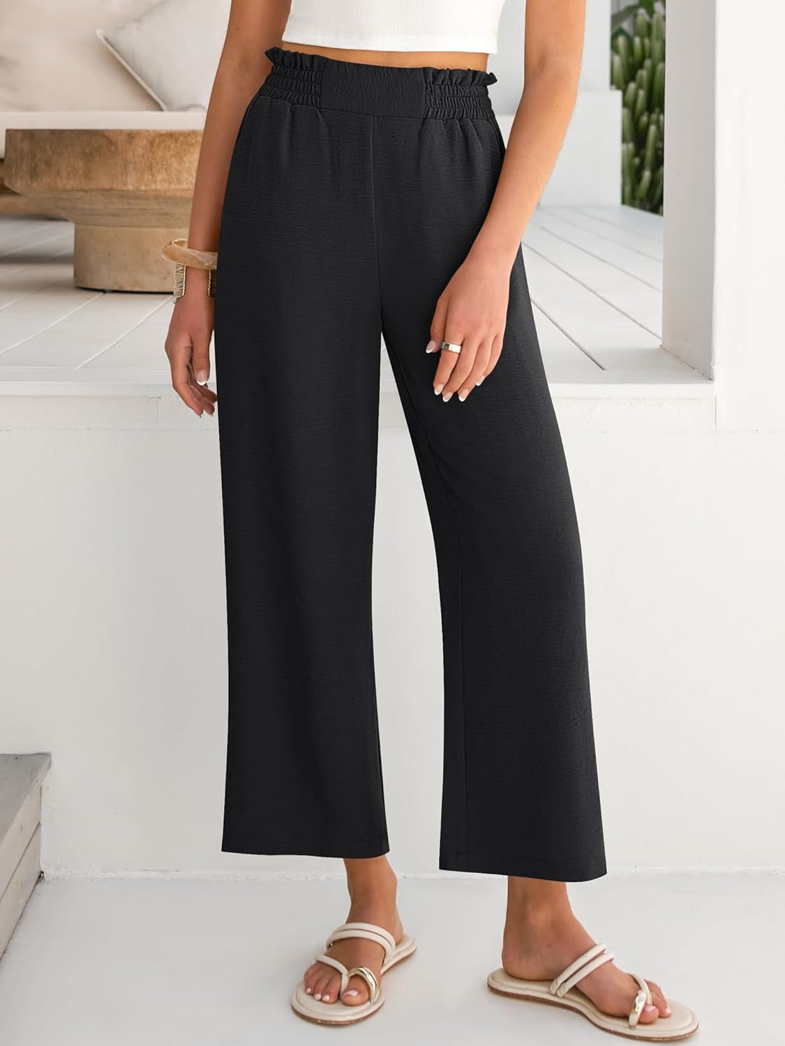 Eva Women's Pants – High-Waisted Palazzo Cropped Pants with Pockets for Summer