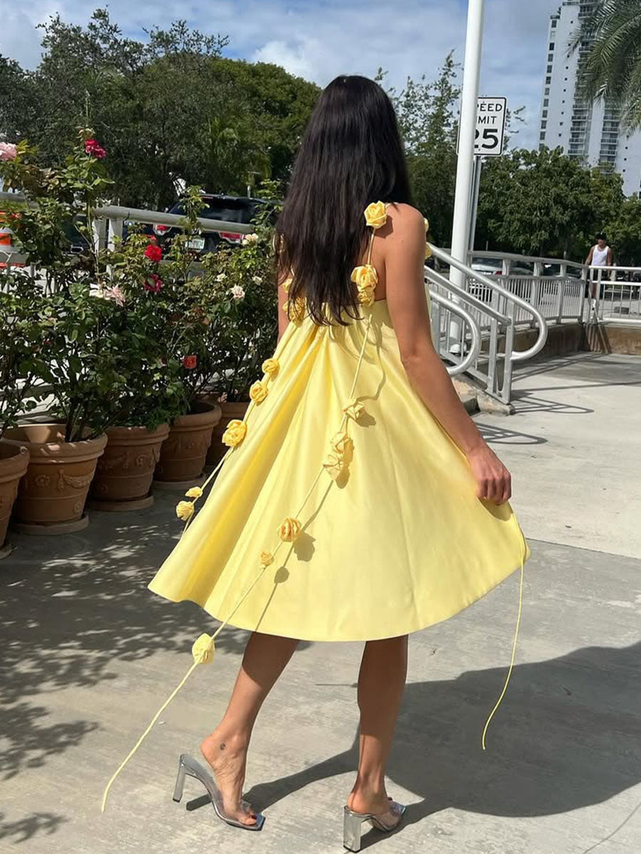Genesis Robe d'Été Femme – Robe Jaune en Coton Coupe A-Ligne avec Bretelles Fleuries & Coupe Légère