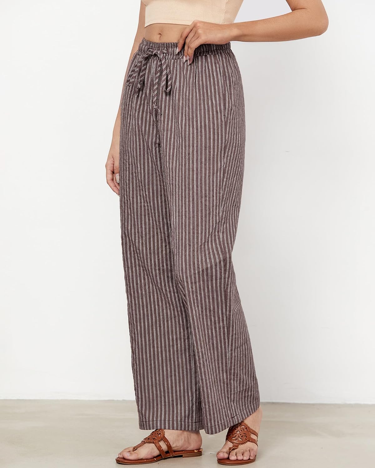 Julie Women's Striped Linen Pants – Wide Leg, High Waist Elastic Summer Chic