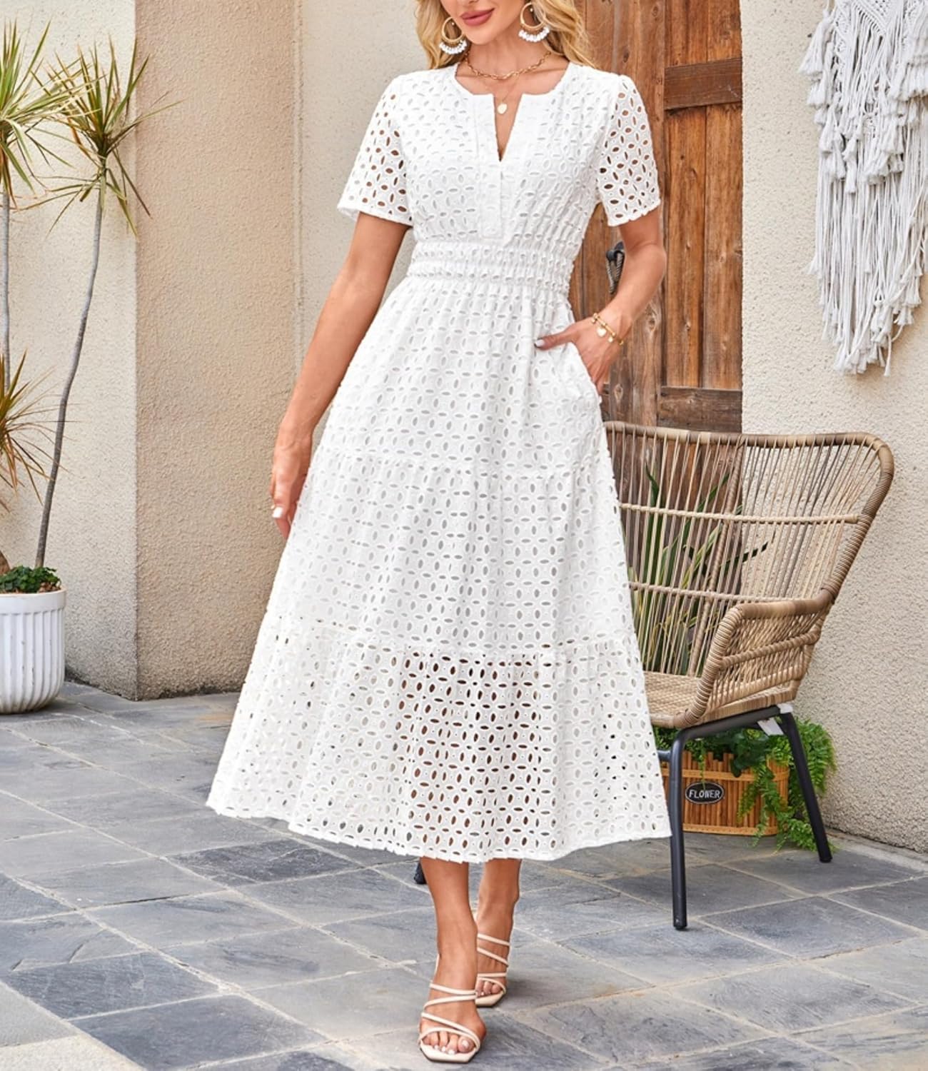 Clara Women's Dress – Maxi Dress with English Embroidery V-Neck High Waist Bohemian Summer