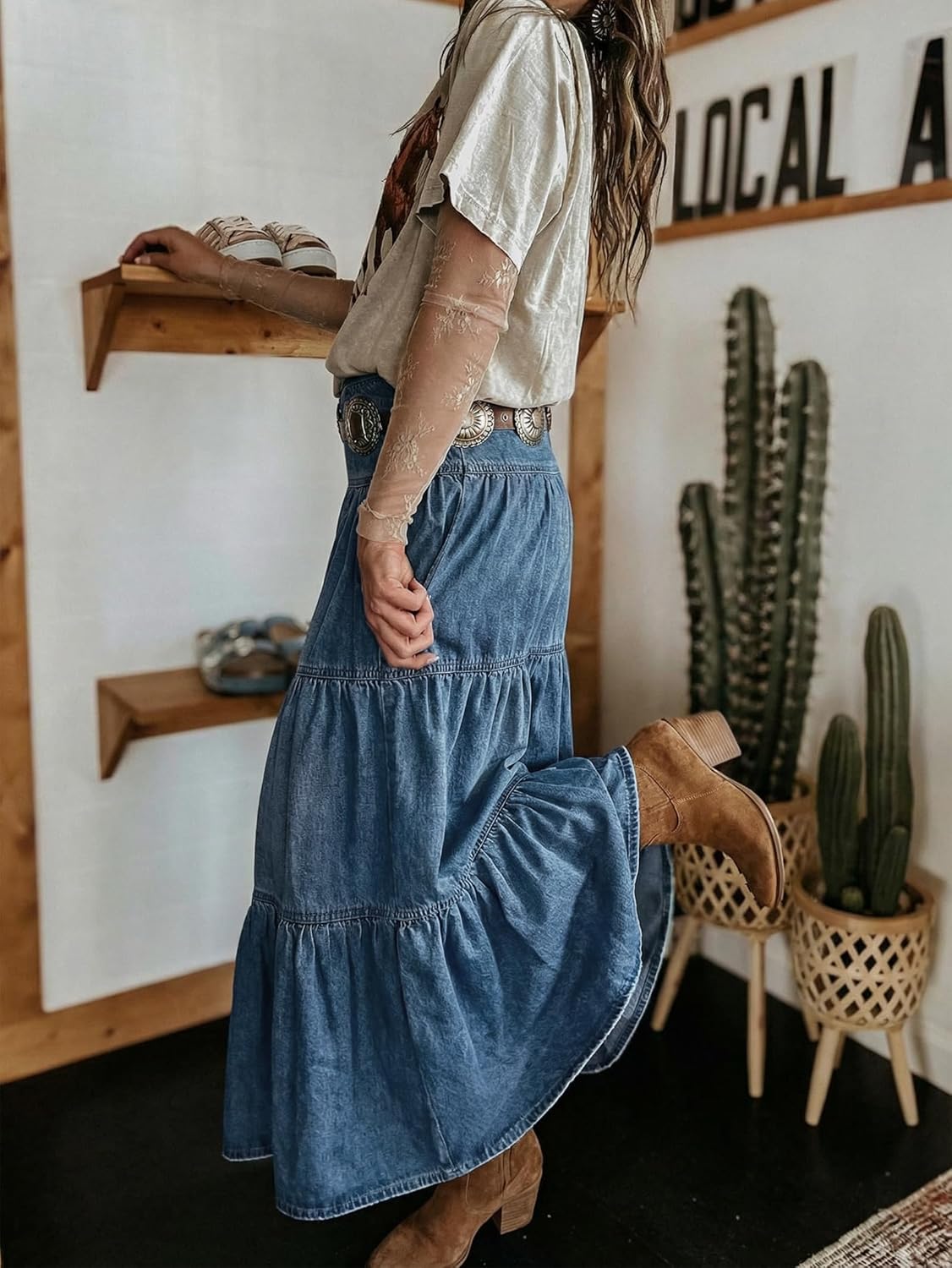 Verna Women's Denim Maxi Skirt – High Waist, Ruffles & Pockets