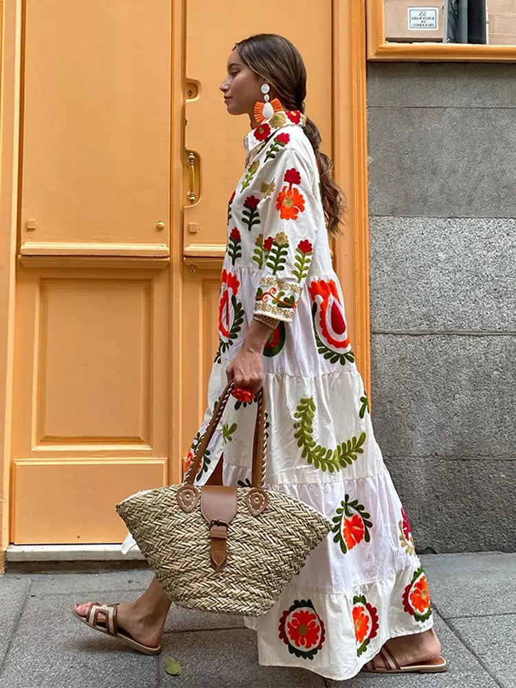 Celia Maxi Dress for Women – Long Cotton Dress with Bohemian Embroidery & Colorful Details