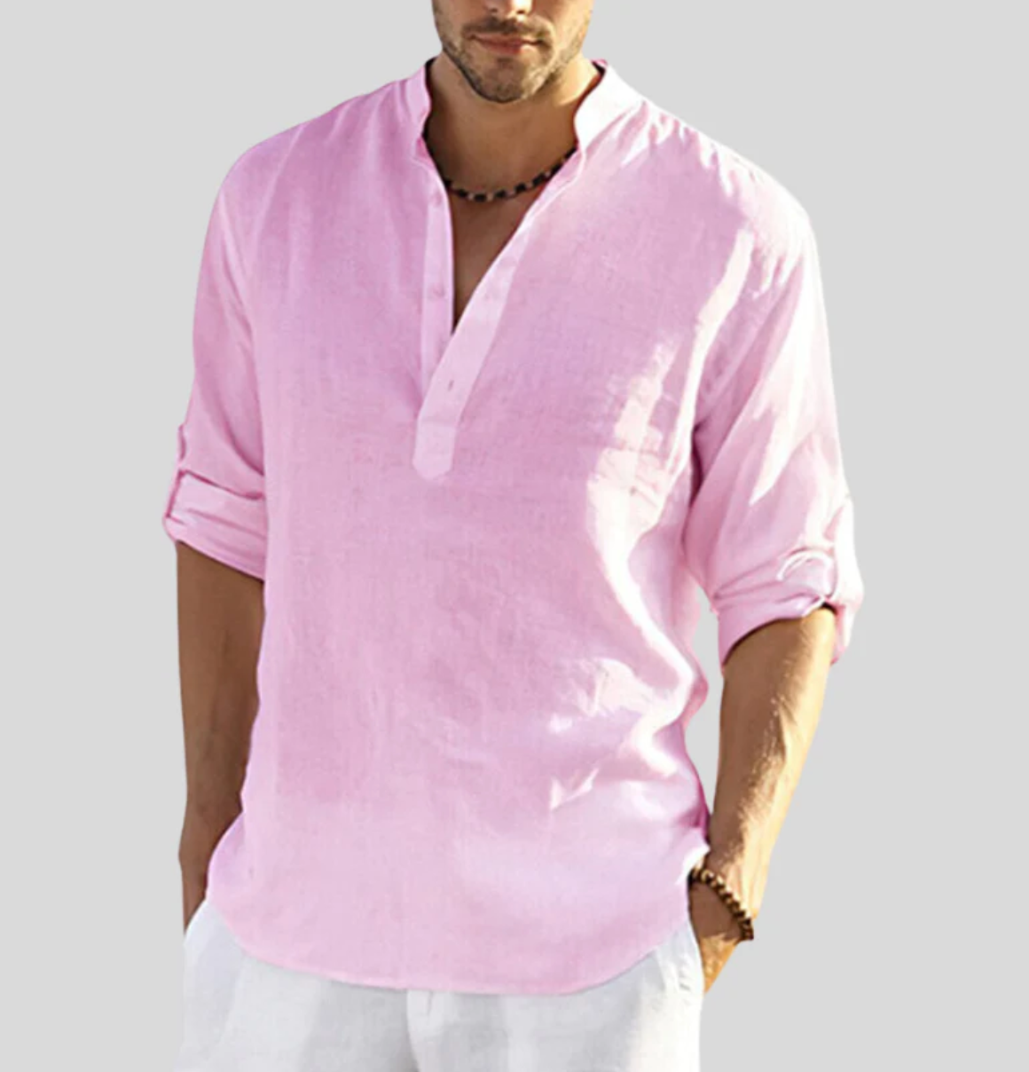 Ansel Chemise en Lin Homme – Chemise d’Été Respirante avec Patte de Boutonnage Courte & Manches Reversibles
