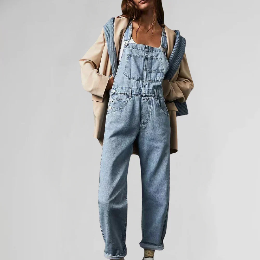 Stylish button-front denim jumpsuit suitable for versatile everyday outfits