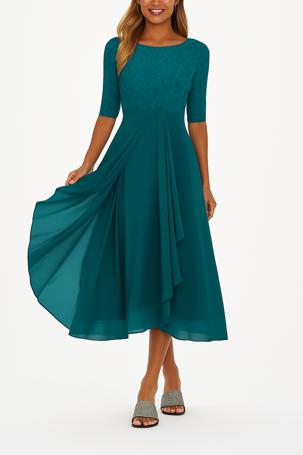 Vera Robe Élégante Femme – Robe en Dentelle & Chiffon, A-Ligne, Mi-longue & Manches Courtes