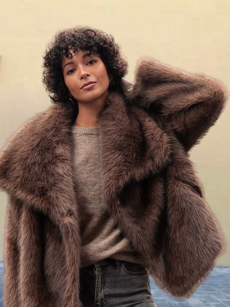 Everleigh Manteau Femme – Manteau Long en Fausse Fourrure avec Col Revers & Coupe Décontractée