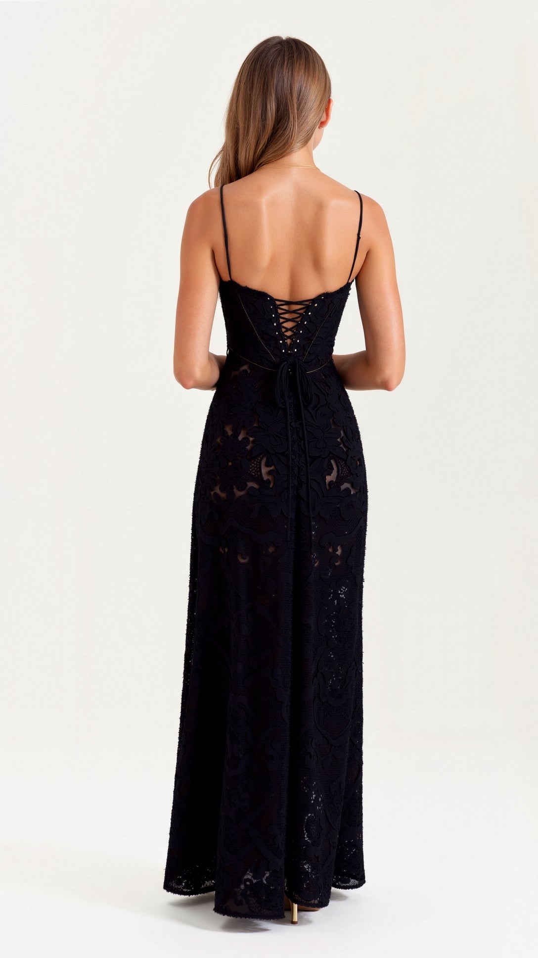 Naya Long Dress for Women – Fine Strap Dress with Floral Embroidery and Adjustable Lace Back