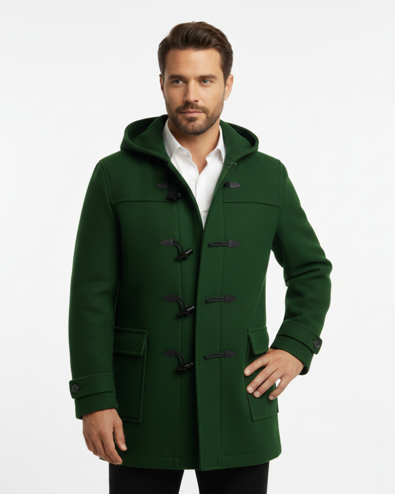 Joen Long Trench Coat for Men – Scandinavian Hooded Coat with Horn Buttons & Retro Style