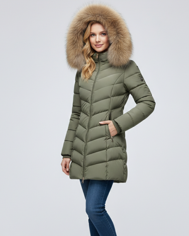 Anne Women's Down Jacket with Hood – Chevron Quilting & Faux Fur Collar