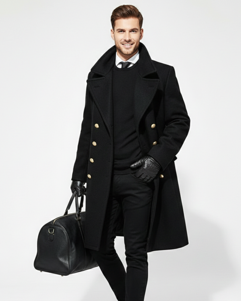 Kinsley Long Coat for Men – Classic Notch Collar, Double Breasted & Elegant Style
