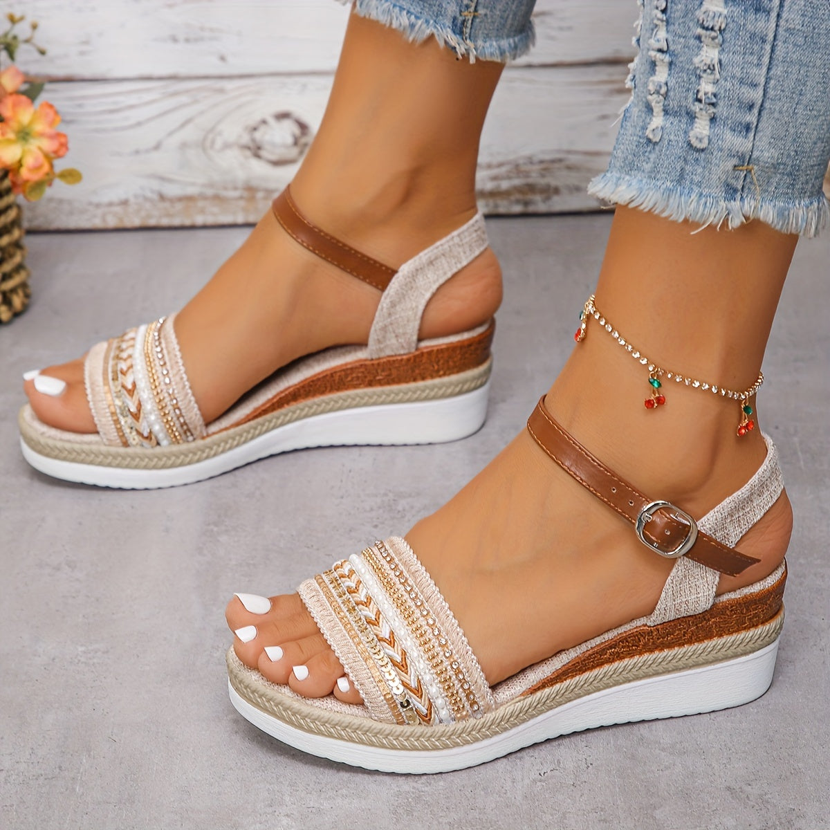 Lunaria Sandales Femme – Sandales à Talon Compensé Confortables avec Strass Chic pour l’Été