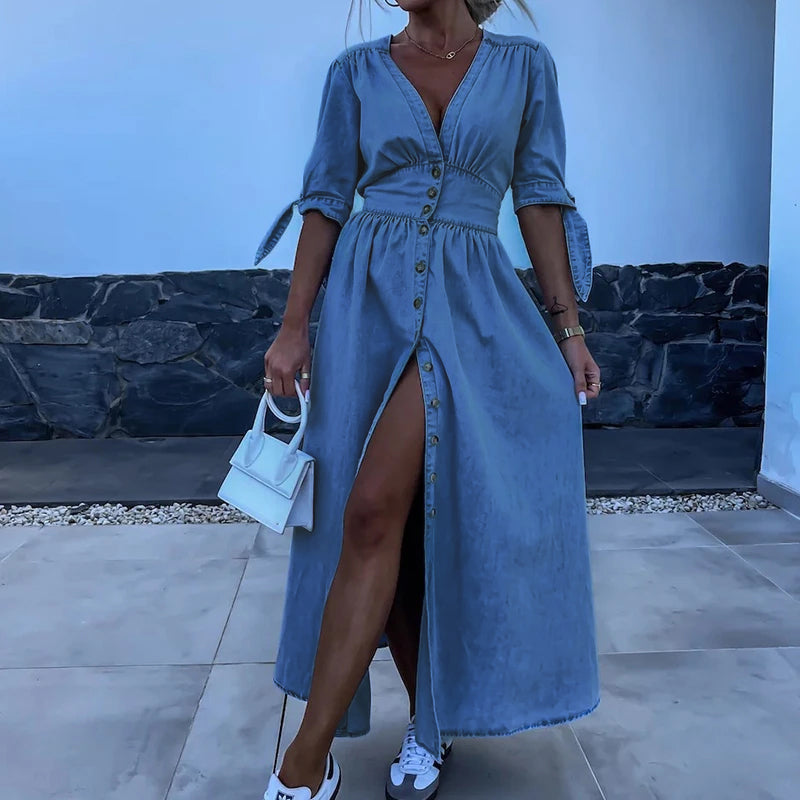 Jane Robe en Jean Femme – Robe Longue en Denim avec Boutons & Look Féminin Décontracté