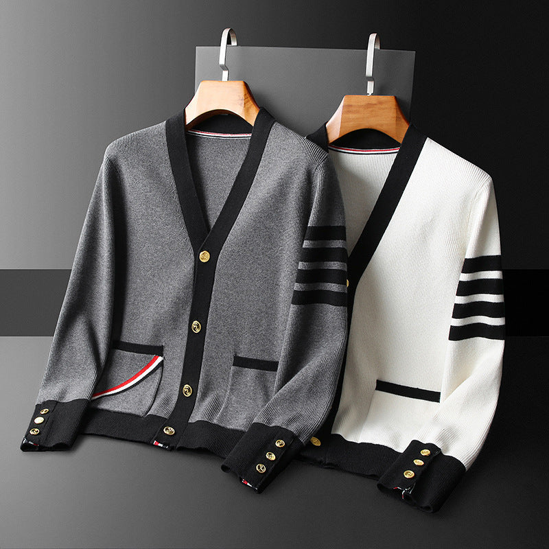 Hans Cashmere Cardigan for Men – Elegant, Striped with V-Neck, Gold Buttons & Practical Pockets