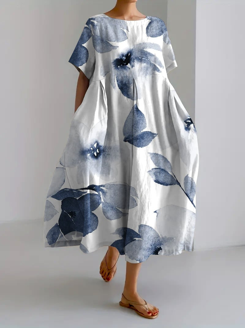 Sareno Midi Dress for Women – Lightweight Floral Dress with Round Neck & Comfortable Fit