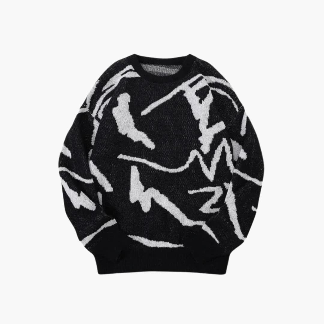 Carl Men's Knit Sweater – Abstract Pattern Sweater with Ribbed Hem and Cuffs for Autumn/Winter