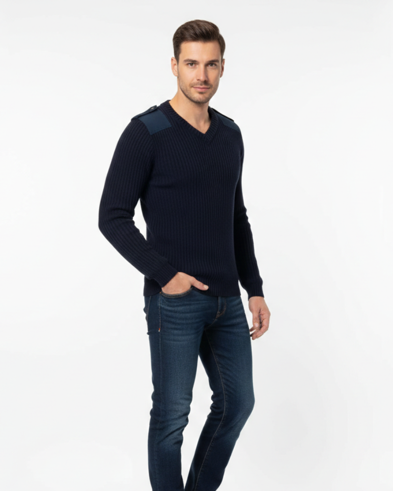 Cormac Military Pull Over for Men - V-Neck, Ribbed Knit, Reinforced Shoulders & Outdoor Style