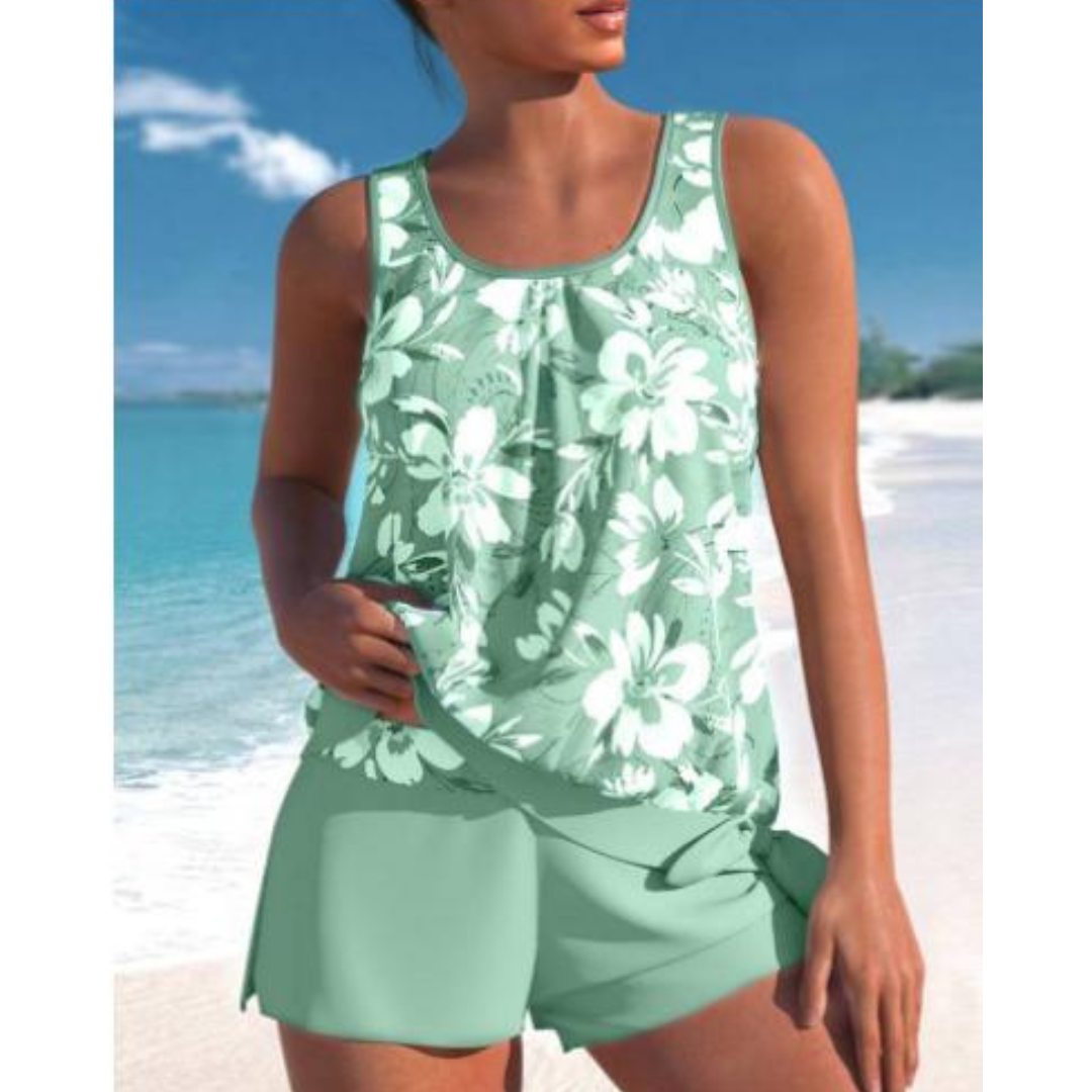 Adalina Women's Tankini – Floral Print Swimsuit with Shorts & Comfortable Sleeveless Cut