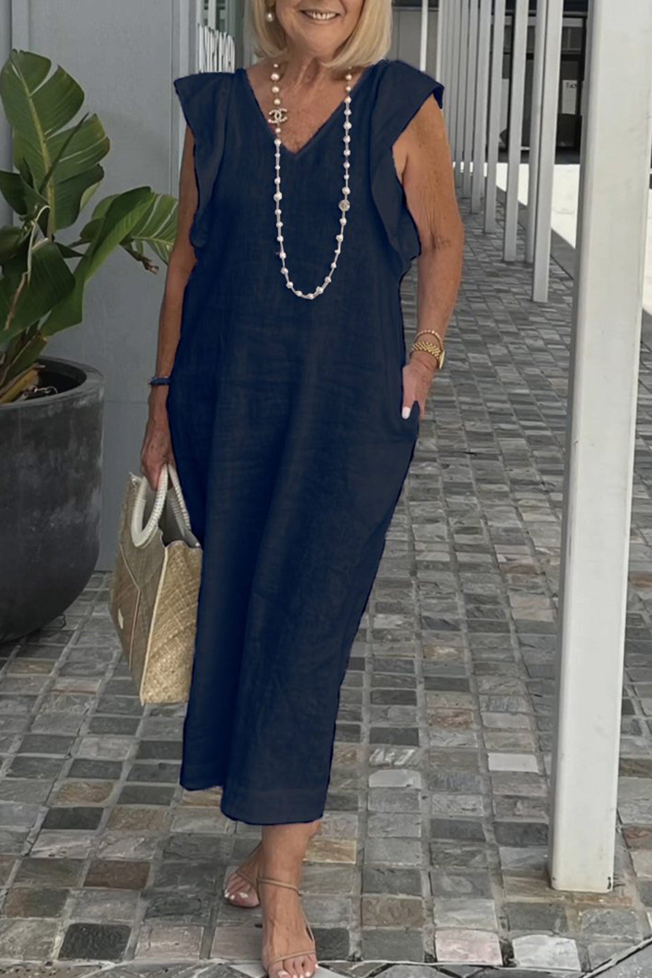 Robe en Lin Femme Elise – Robe Midi Sans Manches avec Col en V & Volants