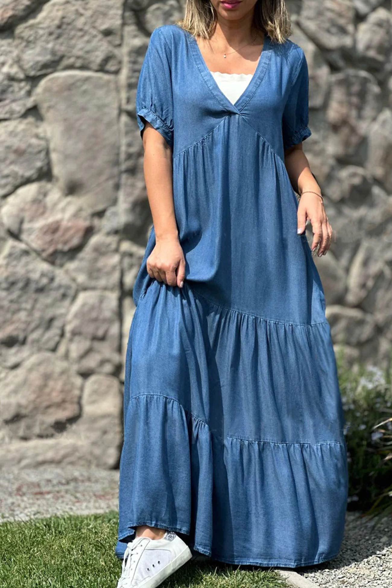 Robe d’Été Femme Via – Robe à Manches Courtes avec Col en V & Effet Superposé en Jean
