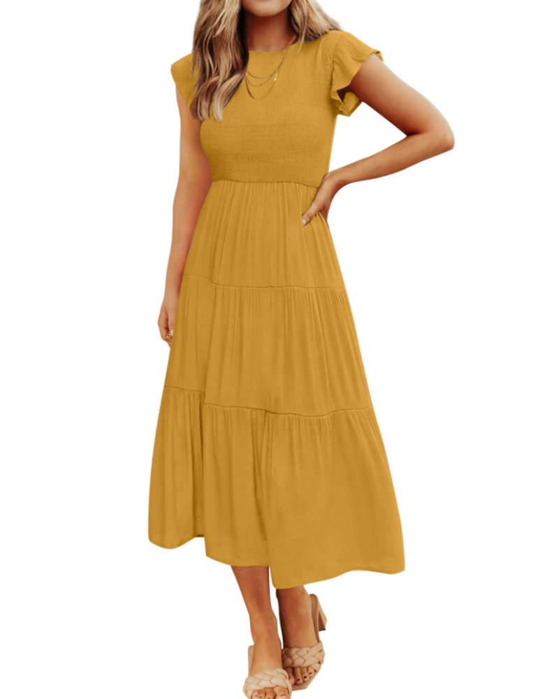 Gemma Midi Dress for Women – Smocked Waist with Ruffled Sleeves