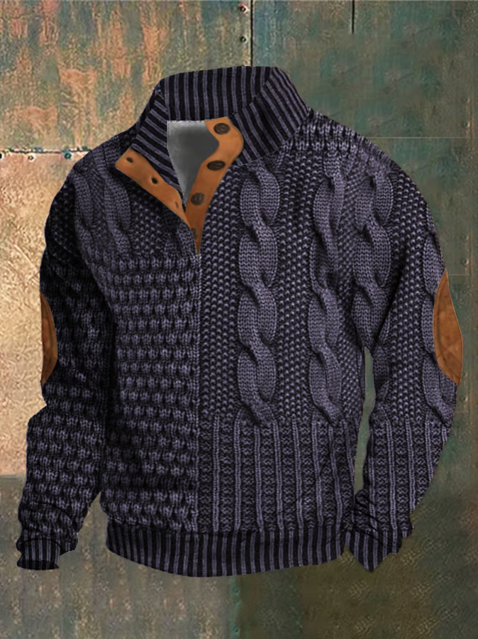 Ramon Men's Cable Knit Sweater – Autumn High Collar Buttoned Soft Knit Sweater