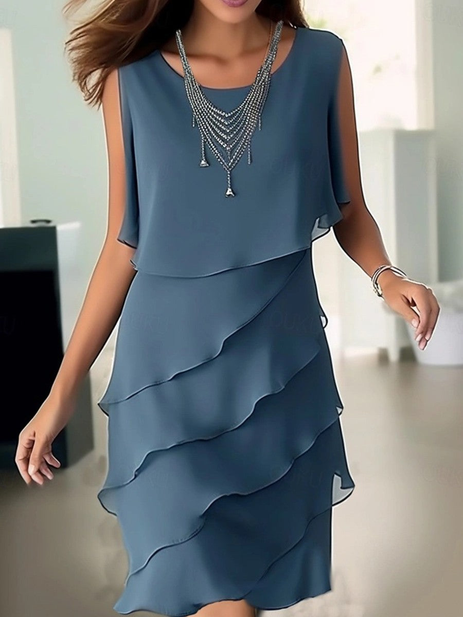 Kristel Robe d'Été Femme – Sans Manches, Col Rond & Volants en Couleur Unie