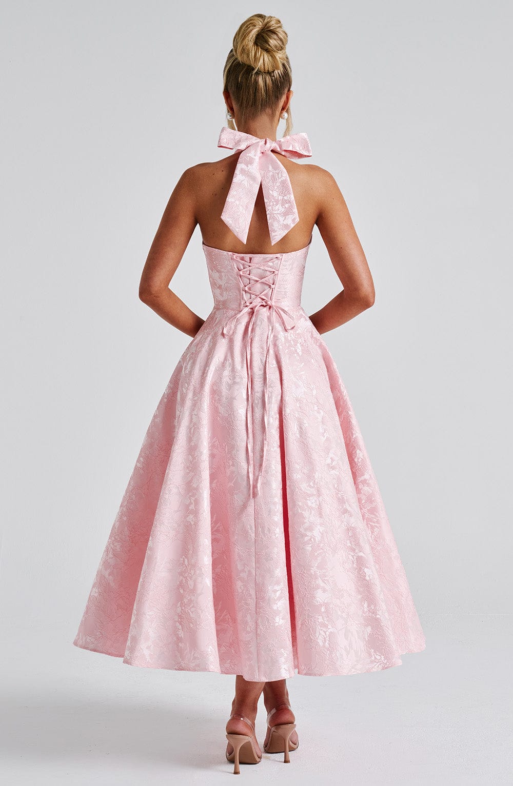 Iris Midi Dress for Women – Floral Jacquard Backless Dress with Fitted Bodice & Flared Skirt