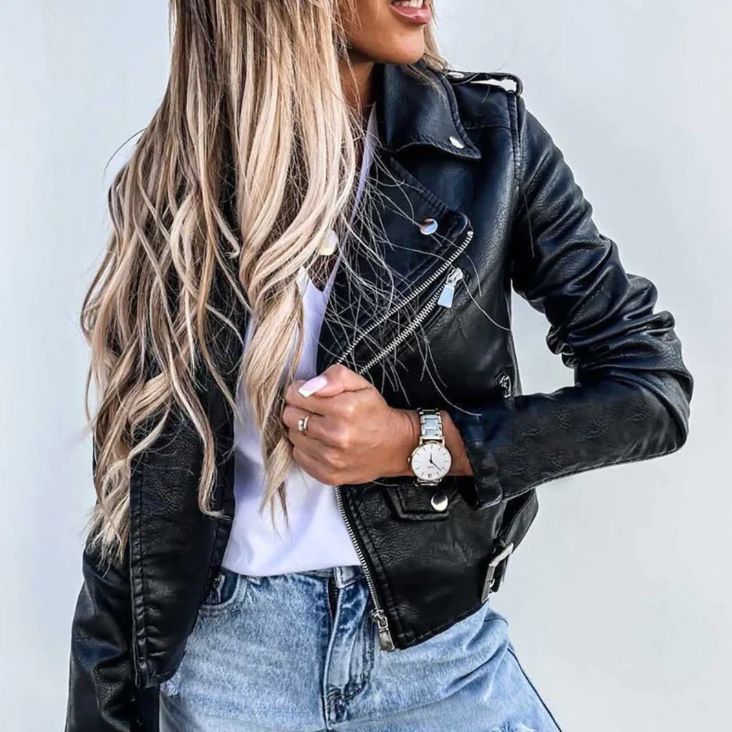 Eva Women's Leather Jacket – Luxury Leather with High Collar, Belt & Elegant Design