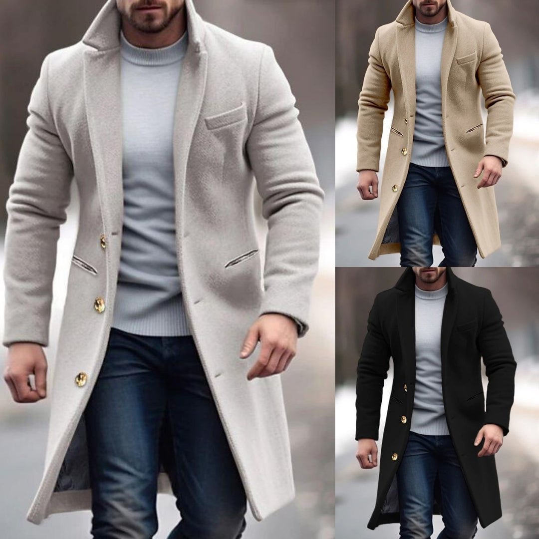 Robert Men's Winter Coat – Long Elegant with Practical Pockets, Buttons & Fitted Cut