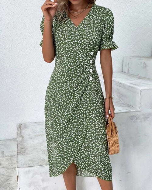 Quincy Women's Summer Dress – Elegant Short Sleeve Floral Dress with Button Closure