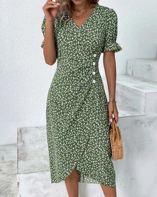 Quincy Women's Summer Dress – Elegant Short Sleeve Floral Dress with Button Closure