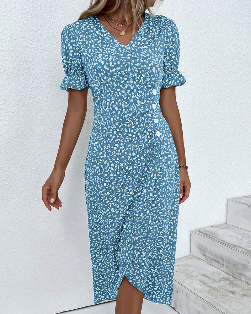 Quincy Women's Summer Dress – Elegant Short Sleeve Floral Dress with Button Closure