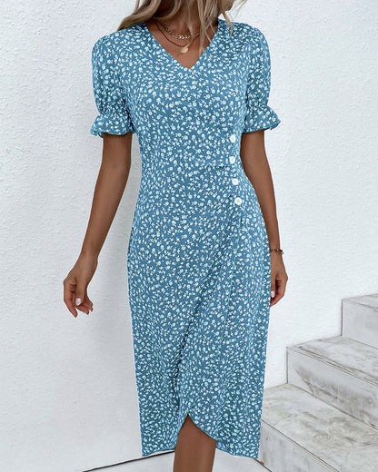 Quincy Women's Summer Dress – Elegant Short Sleeve Floral Dress with Button Closure