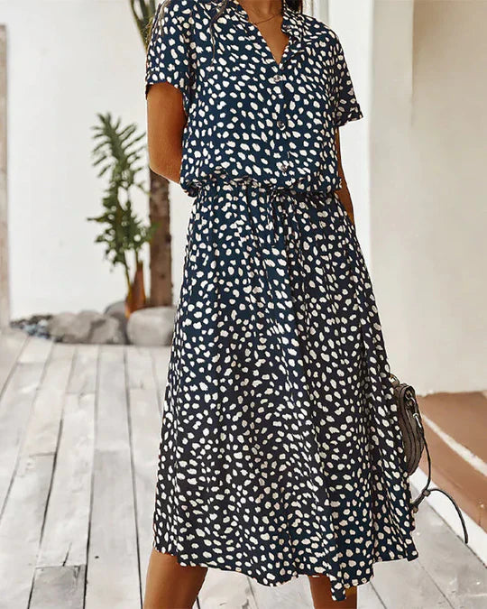 Robe Midi Femme Genevieve – Imprimé à Pois avec Taille Cintrée pour Événements Décontractés et de Journée