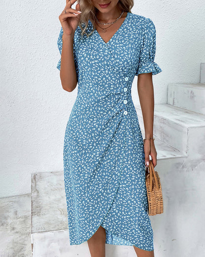 Quincy Women's Summer Dress – Elegant Short Sleeve Floral Dress with Button Closure