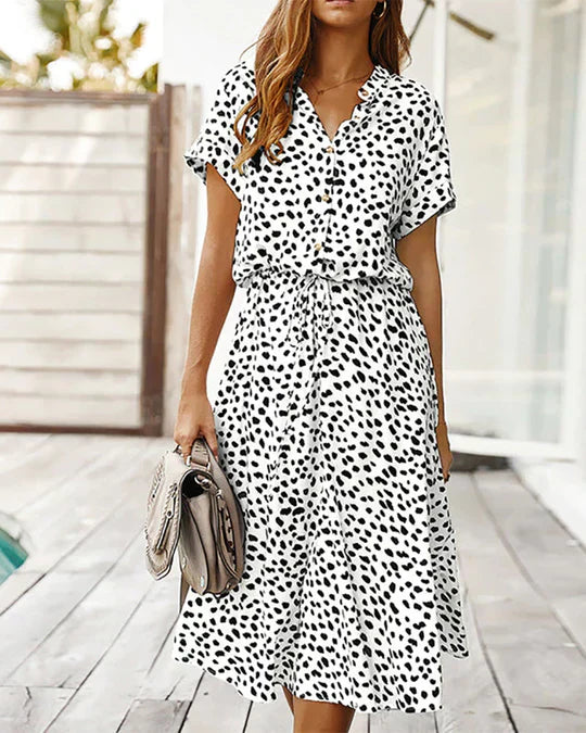Robe Midi Femme Genevieve – Imprimé à Pois avec Taille Cintrée pour Événements Décontractés et de Journée