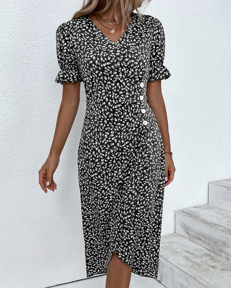 Quincy Women's Summer Dress – Elegant Short Sleeve Floral Dress with Button Closure