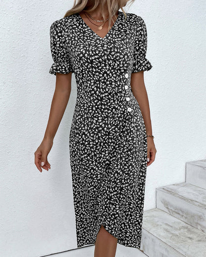 Quincy Women's Summer Dress – Elegant Short Sleeve Floral Dress with Button Closure